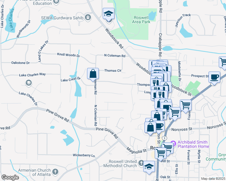 map of restaurants, bars, coffee shops, grocery stores, and more near 205 Corinth Court in Roswell
