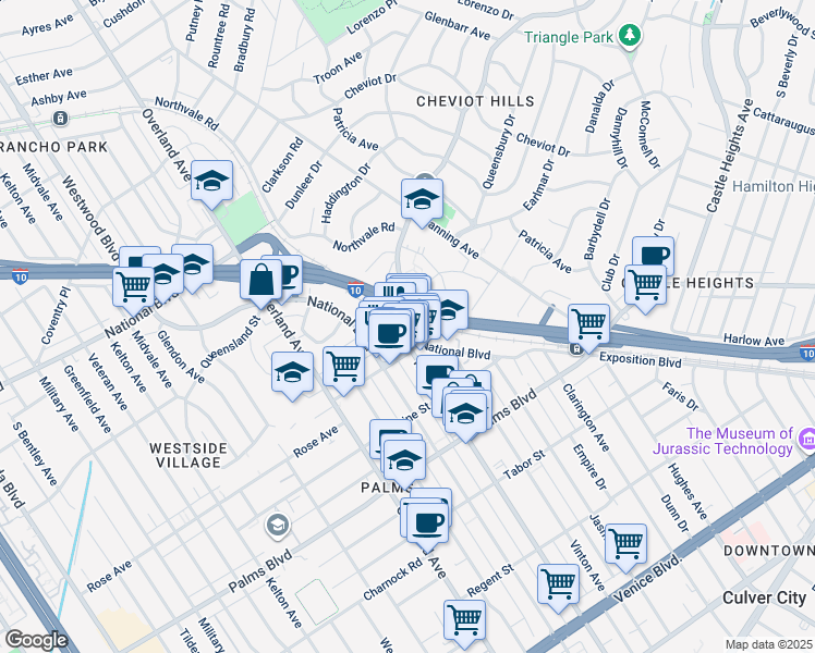 map of restaurants, bars, coffee shops, grocery stores, and more near 10405 Irene Street in Los Angeles