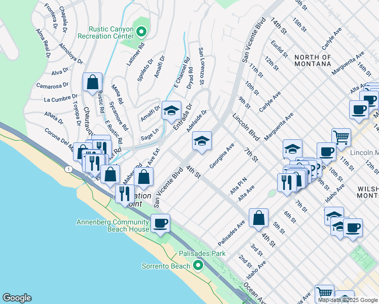 map of restaurants, bars, coffee shops, grocery stores, and more near 421 San Vicente Boulevard in Santa Monica