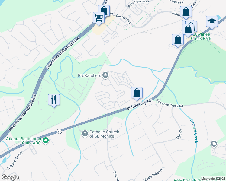 map of restaurants, bars, coffee shops, grocery stores, and more near 3870 Baxley Ridge Drive in Suwanee