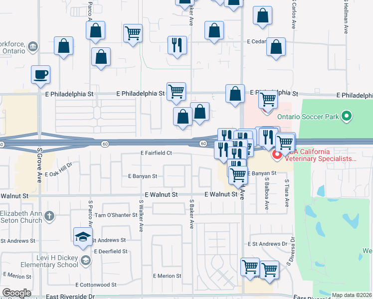 map of restaurants, bars, coffee shops, grocery stores, and more near 1613 East Fairfield Court in Ontario