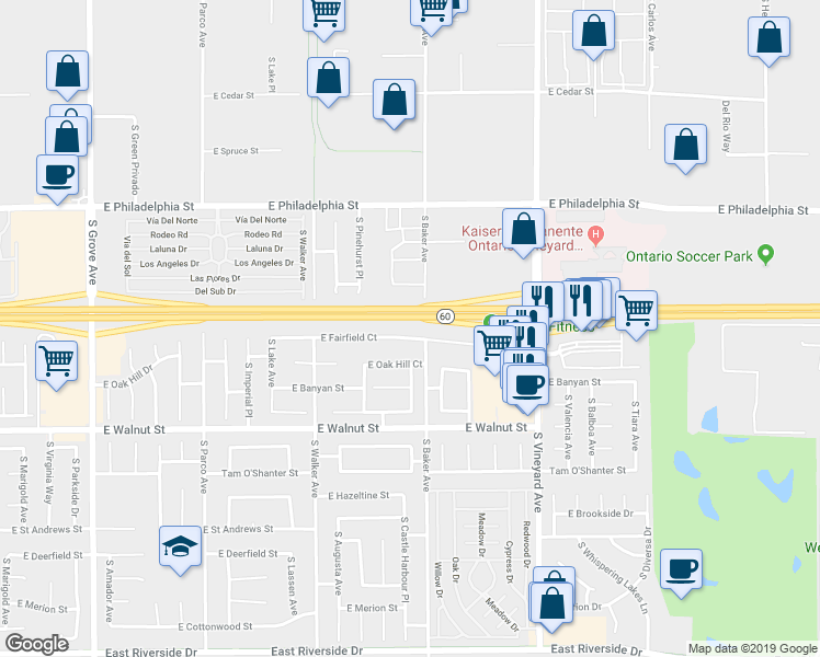 map of restaurants, bars, coffee shops, grocery stores, and more near 1613 East Fairfield Court in Ontario