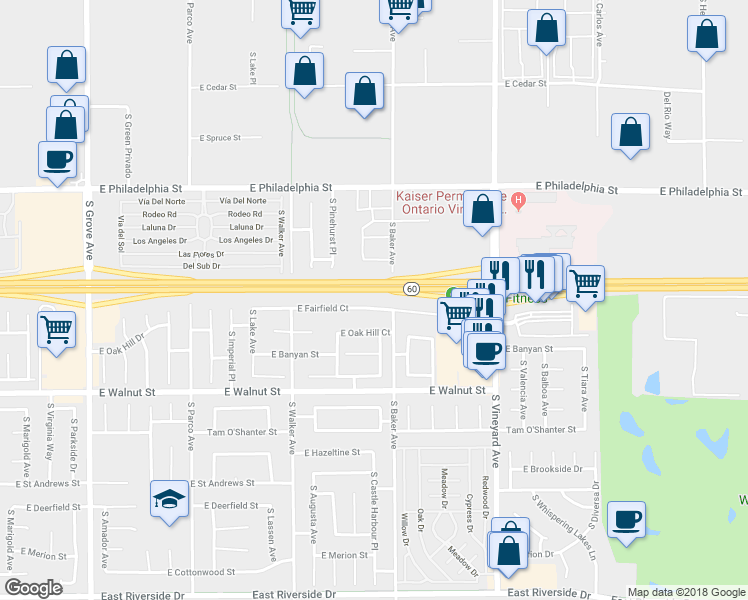 map of restaurants, bars, coffee shops, grocery stores, and more near 1613 East Fairfield Court in Ontario