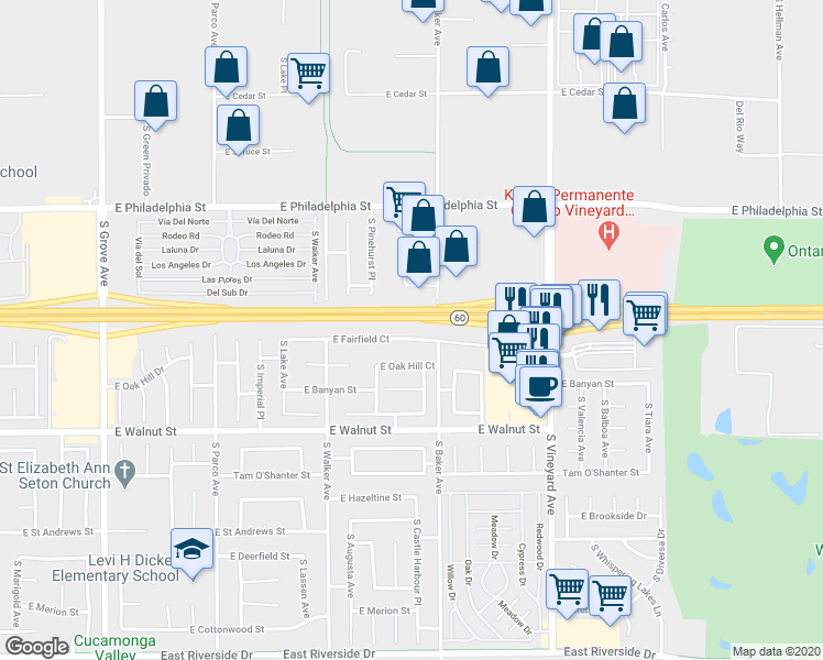map of restaurants, bars, coffee shops, grocery stores, and more near 1613 East Fairfield Court in Ontario