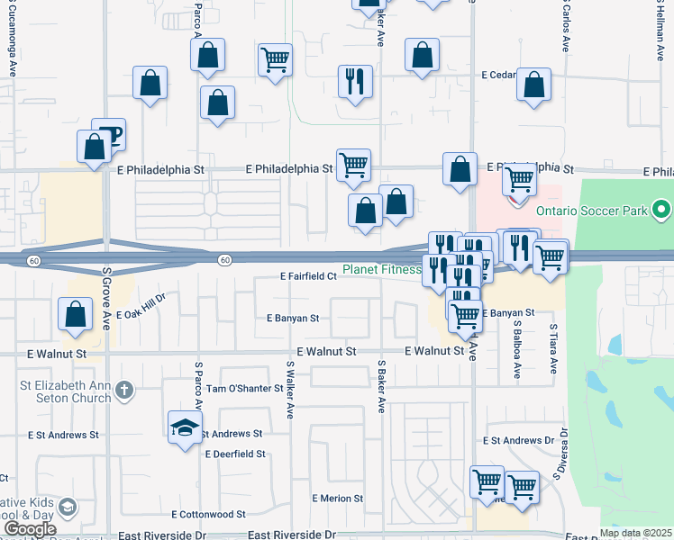 map of restaurants, bars, coffee shops, grocery stores, and more near 1537 East Fairfield Court in Ontario