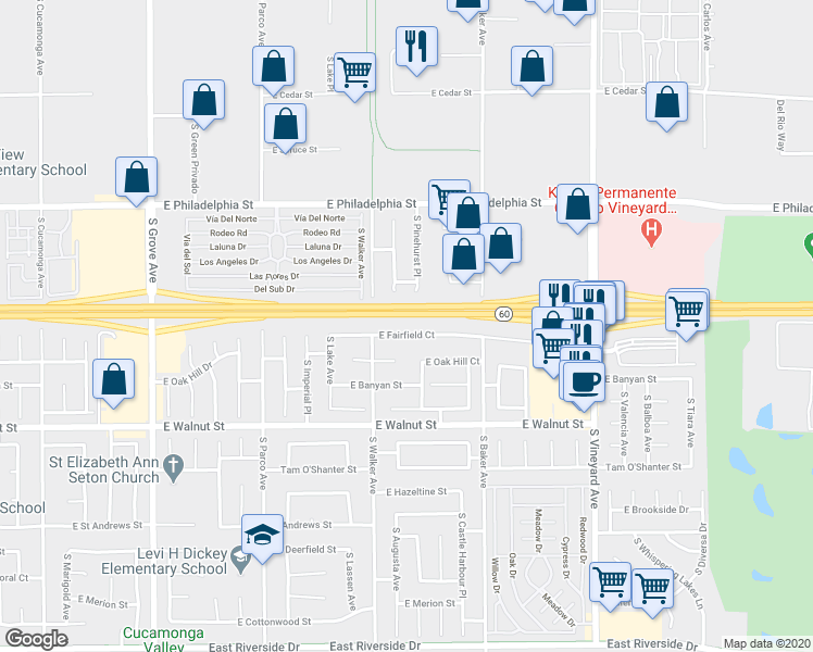 map of restaurants, bars, coffee shops, grocery stores, and more near 1537 East Fairfield Court in Ontario