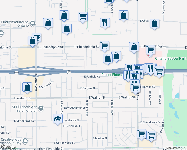 map of restaurants, bars, coffee shops, grocery stores, and more near 1537 East Fairfield Court in Ontario