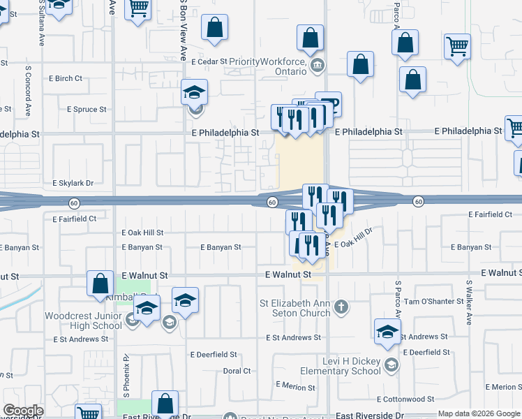 map of restaurants, bars, coffee shops, grocery stores, and more near 2420 South Cucamonga Avenue in Ontario