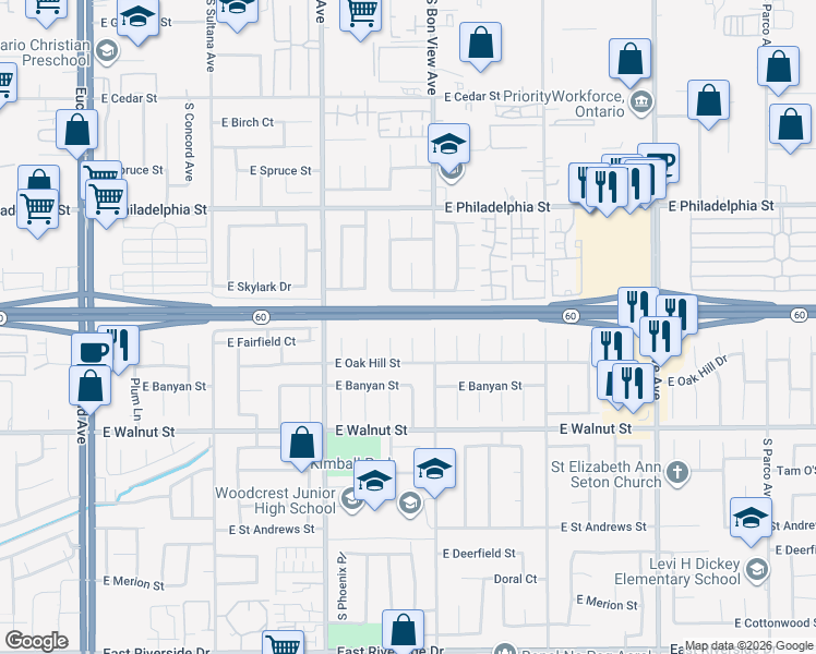 map of restaurants, bars, coffee shops, grocery stores, and more near 2408 South Bon View Avenue in Ontario