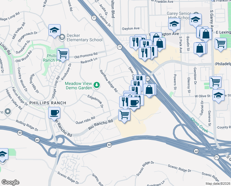 map of restaurants, bars, coffee shops, grocery stores, and more near 51 Rainbow Ridge Road in Pomona