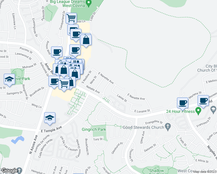 map of restaurants, bars, coffee shops, grocery stores, and more near 2407 South Ridgewood Drive in West Covina