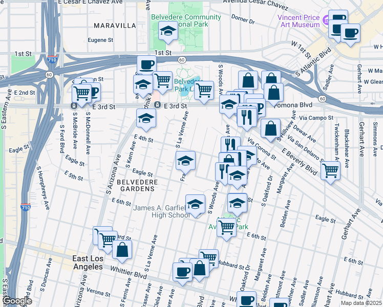 map of restaurants, bars, coffee shops, grocery stores, and more near 388 Fraser Avenue in East Los Angeles
