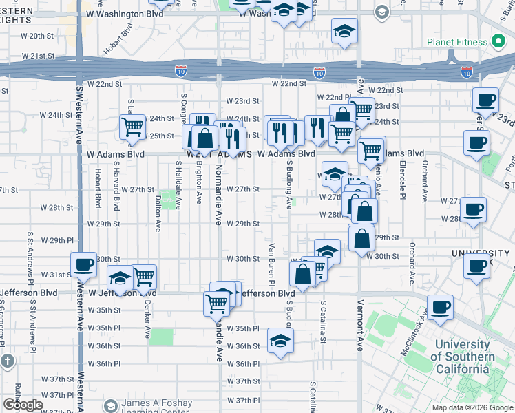 map of restaurants, bars, coffee shops, grocery stores, and more near 1604 West 27th Street in Los Angeles