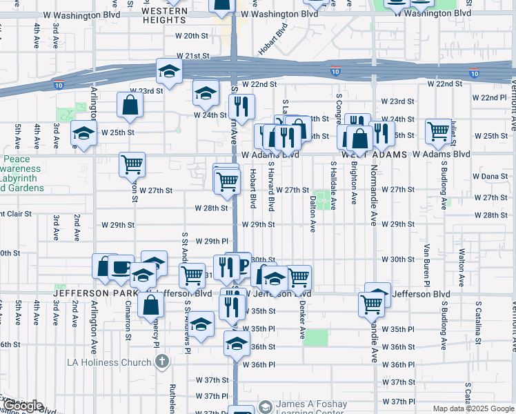 map of restaurants, bars, coffee shops, grocery stores, and more near 2707 South Hobart Boulevard in Los Angeles