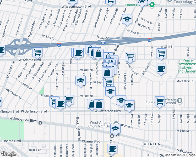 map of restaurants, bars, coffee shops, grocery stores, and more near 2819 South Victoria Avenue in Los Angeles