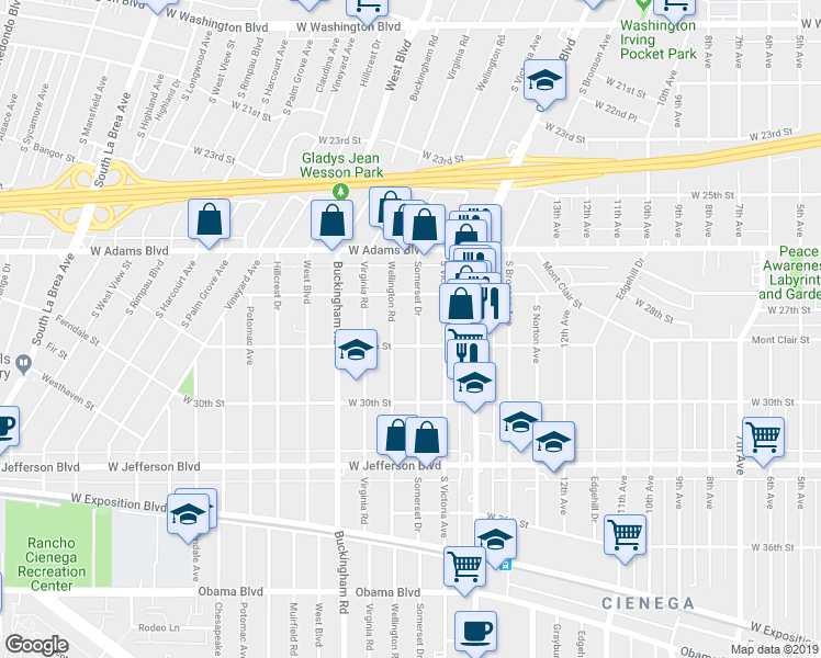 map of restaurants, bars, coffee shops, grocery stores, and more near 2822 1/2 Wellington Road in Los Angeles