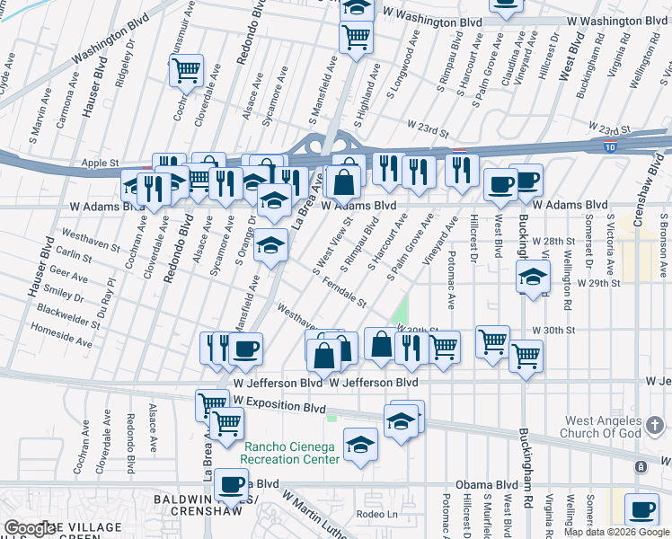 map of restaurants, bars, coffee shops, grocery stores, and more near 2738 South West View Street in Los Angeles
