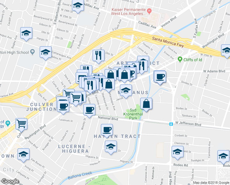 map of restaurants, bars, coffee shops, grocery stores, and more near 8534 Washington Boulevard in Culver City