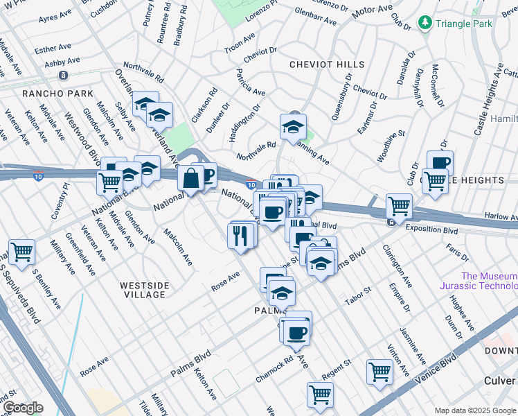 map of restaurants, bars, coffee shops, grocery stores, and more near 10535 National Boulevard in Los Angeles