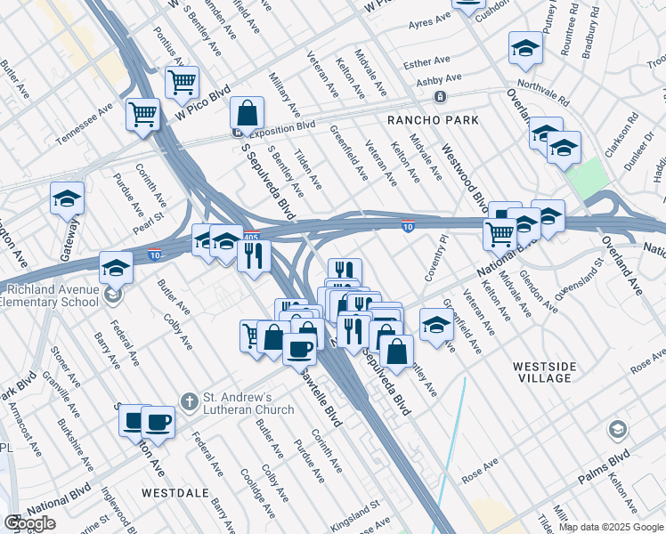 map of restaurants, bars, coffee shops, grocery stores, and more near 2755 South Bentley Avenue in Los Angeles