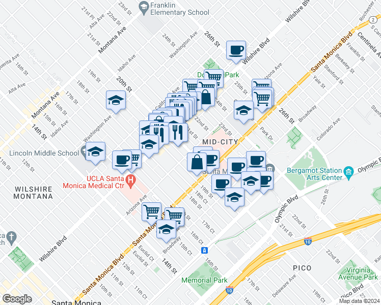 map of restaurants, bars, coffee shops, grocery stores, and more near in Santa Monica