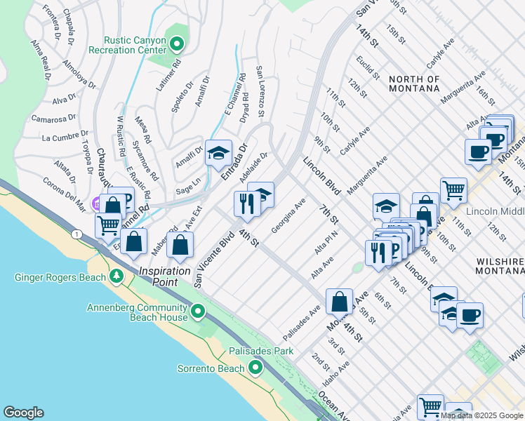 map of restaurants, bars, coffee shops, grocery stores, and more near 516 San Vicente Boulevard in Santa Monica