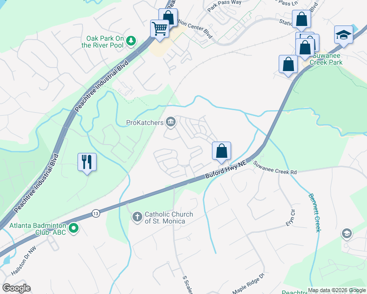 map of restaurants, bars, coffee shops, grocery stores, and more near 3870 Baxley Ridge Drive in Suwanee