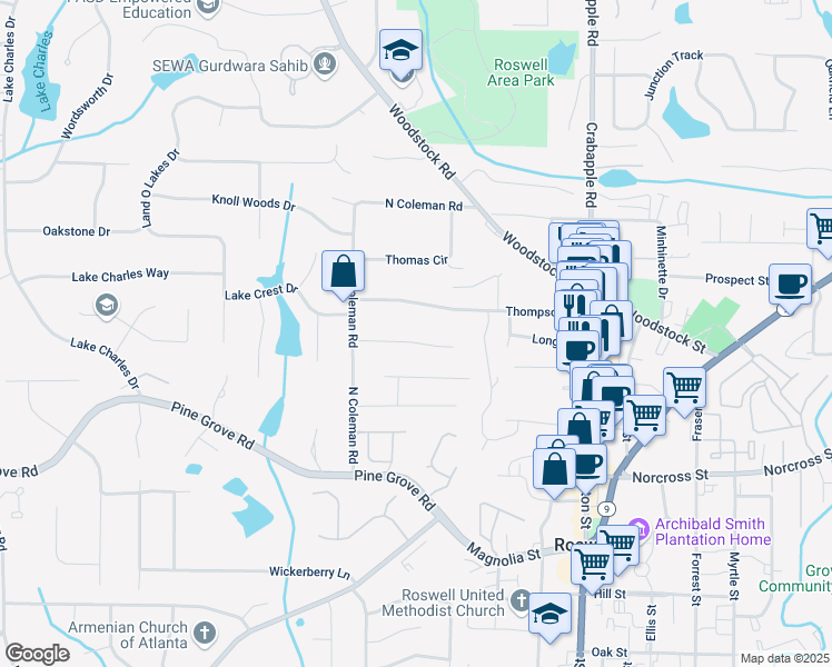 map of restaurants, bars, coffee shops, grocery stores, and more near 205 Corinth Court in Roswell