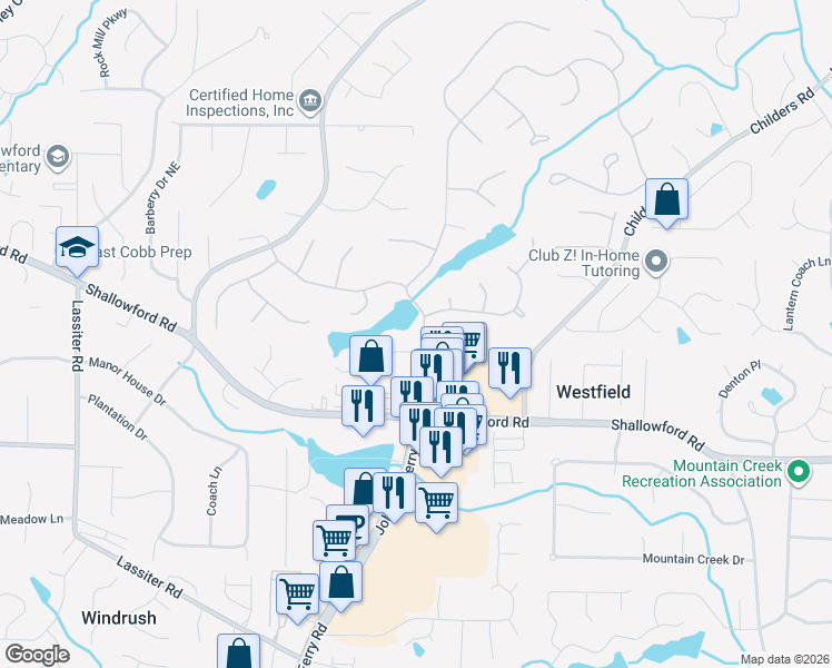 map of restaurants, bars, coffee shops, grocery stores, and more near 3341 Johnson Ferry Road Northeast in Roswell