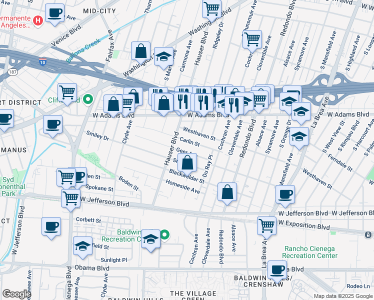 map of restaurants, bars, coffee shops, grocery stores, and more near 5426 Carlin Street in Los Angeles