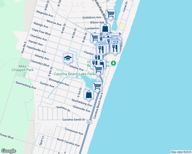 map of restaurants, bars, coffee shops, grocery stores, and more near 2nd Street South in Carolina Beach