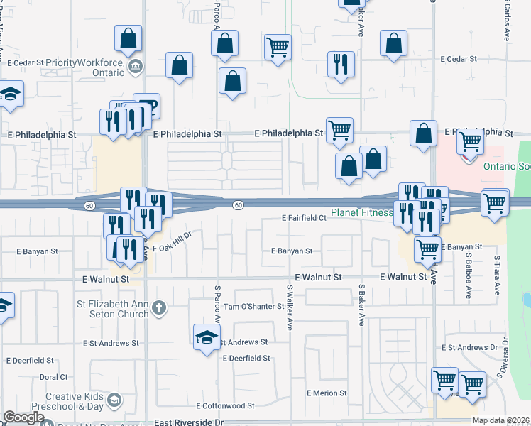 map of restaurants, bars, coffee shops, grocery stores, and more near 1473 East Fairfield Court in Ontario