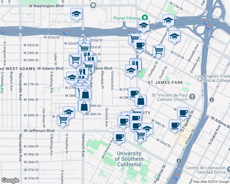 map of restaurants, bars, coffee shops, grocery stores, and more near 1220 West 27th Street in Los Angeles