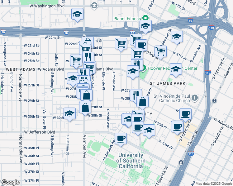 map of restaurants, bars, coffee shops, grocery stores, and more near 1220 West 27th Street in Los Angeles