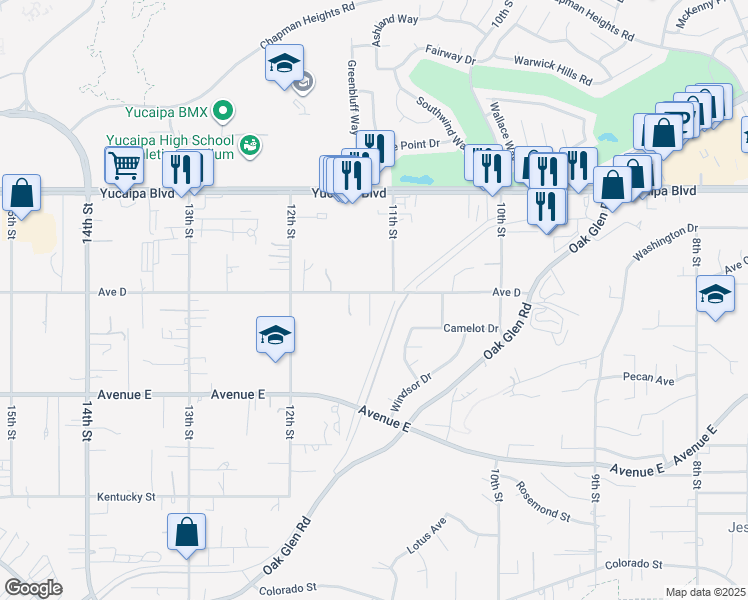 map of restaurants, bars, coffee shops, grocery stores, and more near 33065 Avenue D in Yucaipa