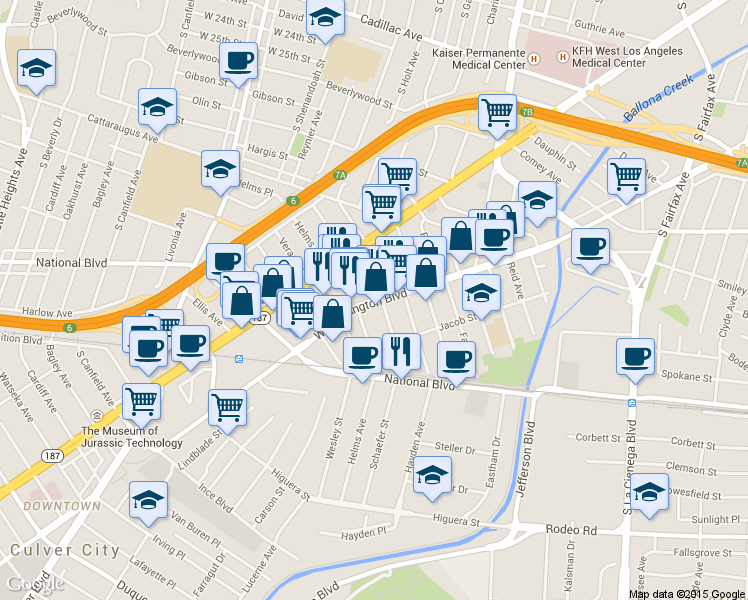 map of restaurants, bars, coffee shops, grocery stores, and more near Hutchison Avenue in Culver City