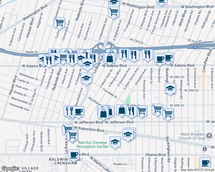 map of restaurants, bars, coffee shops, grocery stores, and more near 2741 South Rimpau Boulevard in Los Angeles