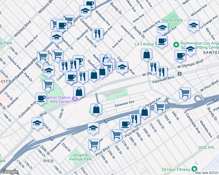 map of restaurants, bars, coffee shops, grocery stores, and more near 3000 Olympic Boulevard in Santa Monica