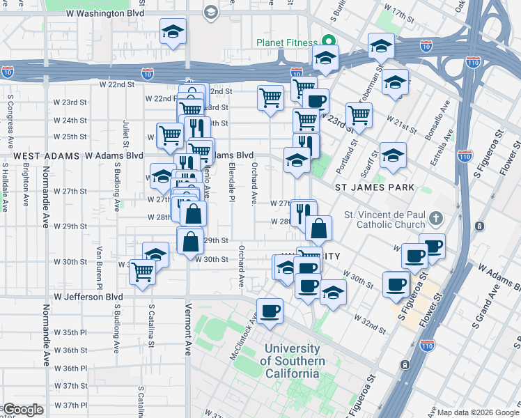 map of restaurants, bars, coffee shops, grocery stores, and more near 1220 West 27th Street in Los Angeles