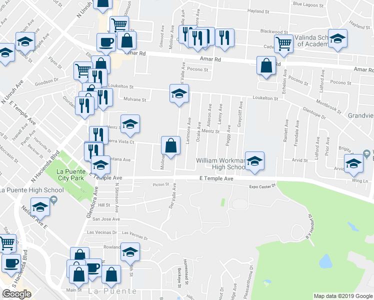 map of restaurants, bars, coffee shops, grocery stores, and more near 662 Larimore Avenue in La Puente