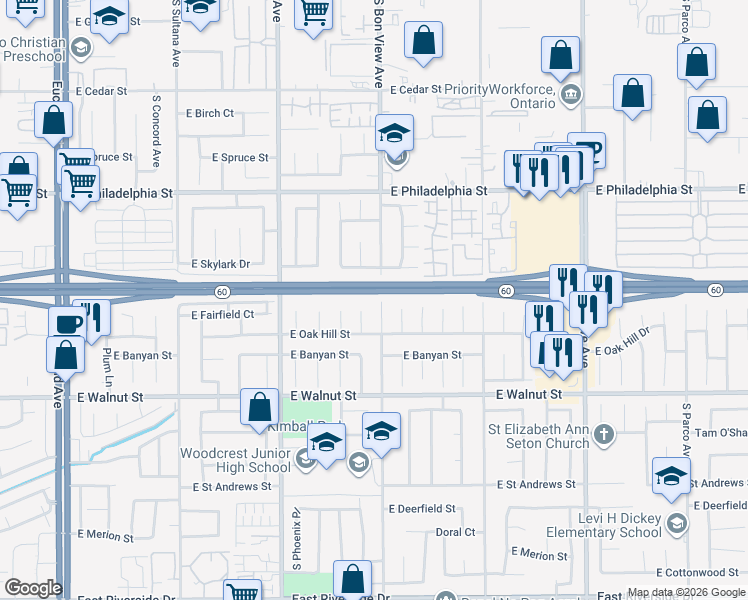 map of restaurants, bars, coffee shops, grocery stores, and more near 2408 South Bon View Avenue in Ontario