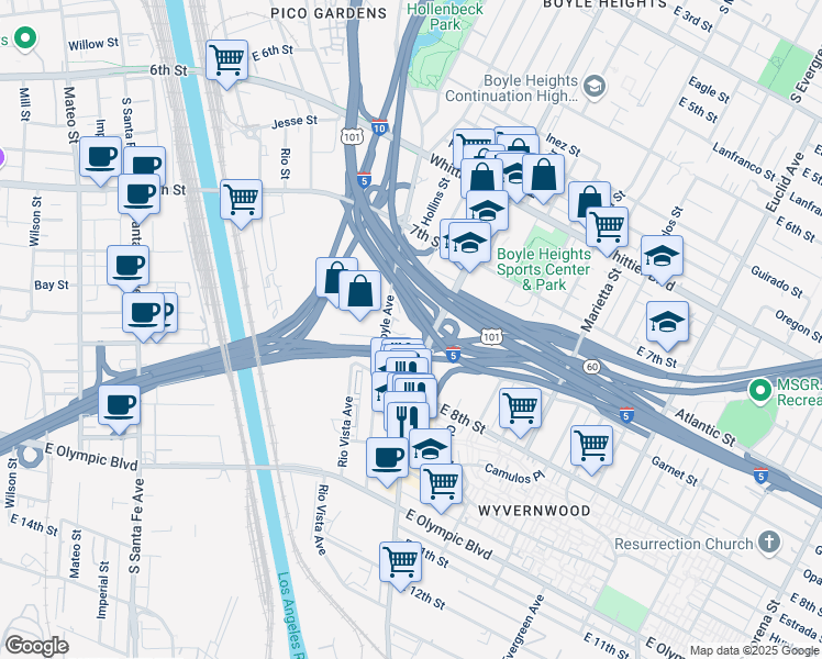 map of restaurants, bars, coffee shops, grocery stores, and more near 1120 South Boyle Avenue in Los Angeles