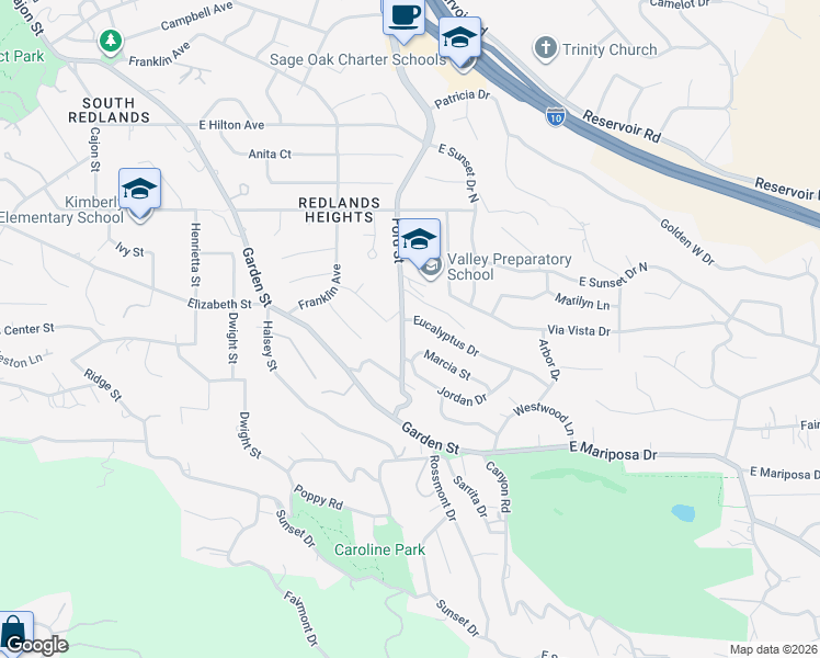 map of restaurants, bars, coffee shops, grocery stores, and more near 1641 Ford Street in Redlands