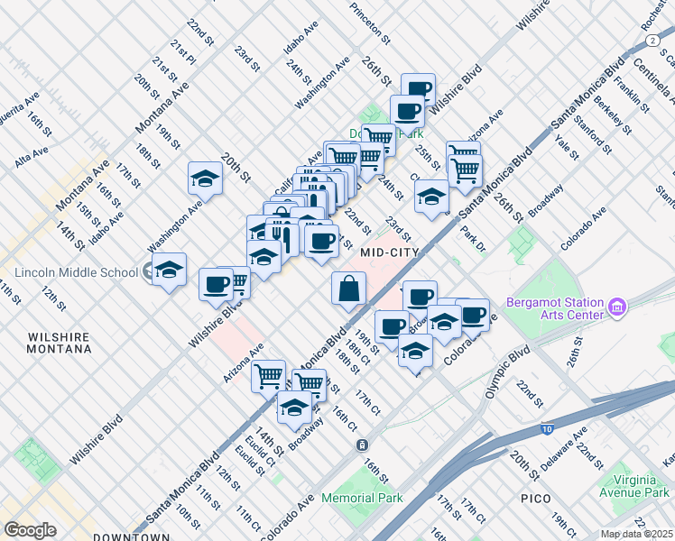 map of restaurants, bars, coffee shops, grocery stores, and more near in Santa Monica