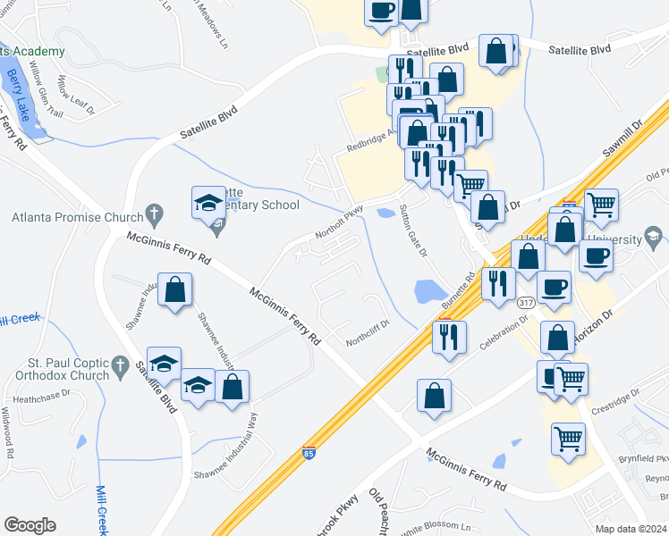 map of restaurants, bars, coffee shops, grocery stores, and more near 3260 Northcliff Drive in Suwanee