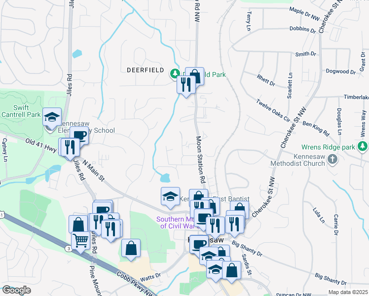 map of restaurants, bars, coffee shops, grocery stores, and more near 1490 Ernest W Barrett Parkway Northwest in Kennesaw
