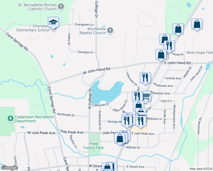 map of restaurants, bars, coffee shops, grocery stores, and more near 123 Springdale Drive in Cedartown