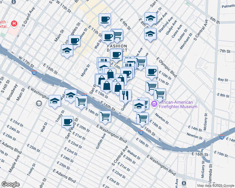 map of restaurants, bars, coffee shops, grocery stores, and more near 773 East 14th Place in Los Angeles