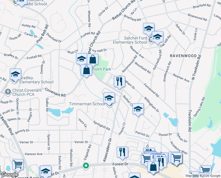 map of restaurants, bars, coffee shops, grocery stores, and more near 2958 Willingham Drive in Columbia