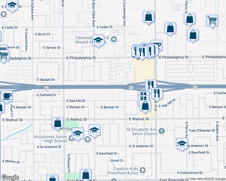 map of restaurants, bars, coffee shops, grocery stores, and more near 2419 South Garfield Place in Ontario